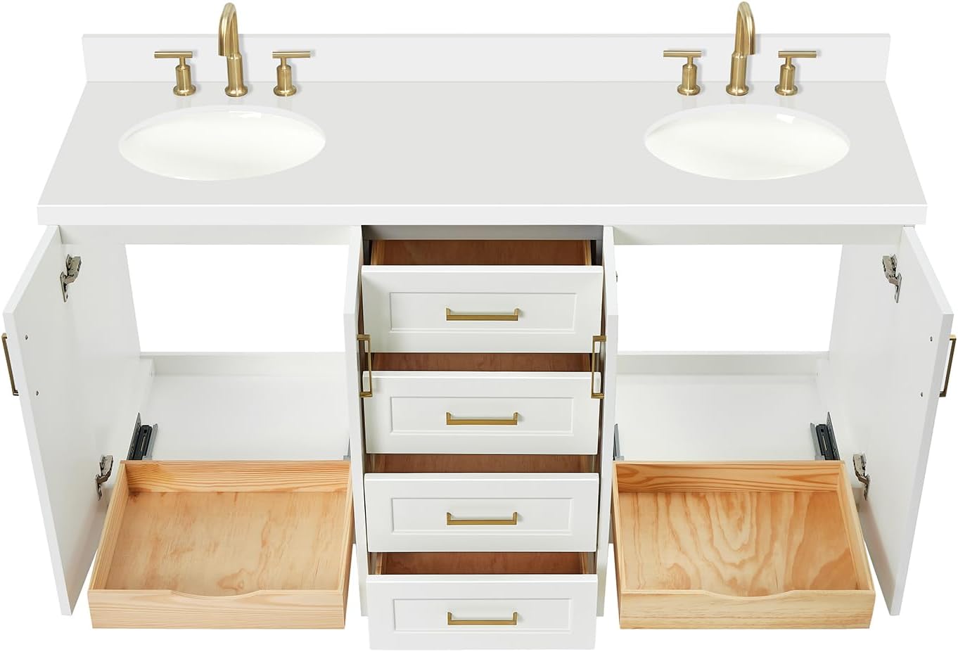 DKB Emilia 66-Inch White Double Bathroom Vanity, 1.5-Inch Edge Pure White Quartz Countertop & Backsplash, Oval Undermount Sinks, 4 Soft Closing Doors, 6 Dovetail Drawers, Toe Kick, Satin Brass