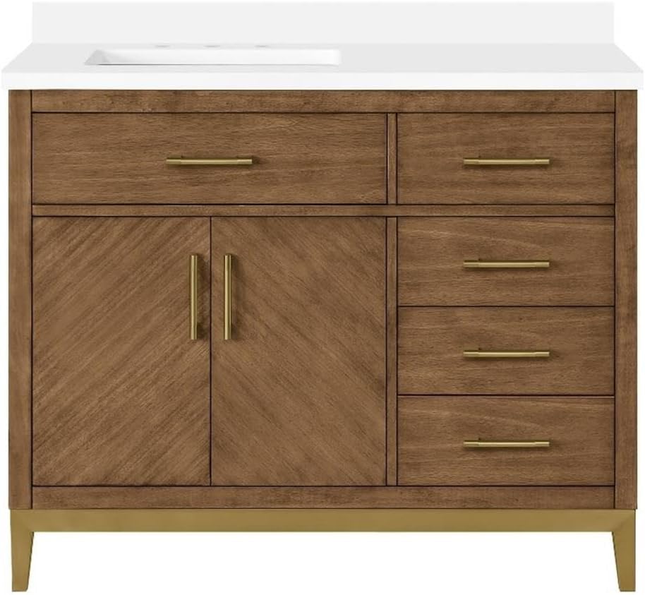 Pemberly Row 42' Bathroom Vanity, Macchiato Finish with White Engineered Marble Countertop, Transitional Style, Brushed Gold Hardware, Soft-Close Storage, Pre-Drilled Sink, Small Bathroom or Powder
