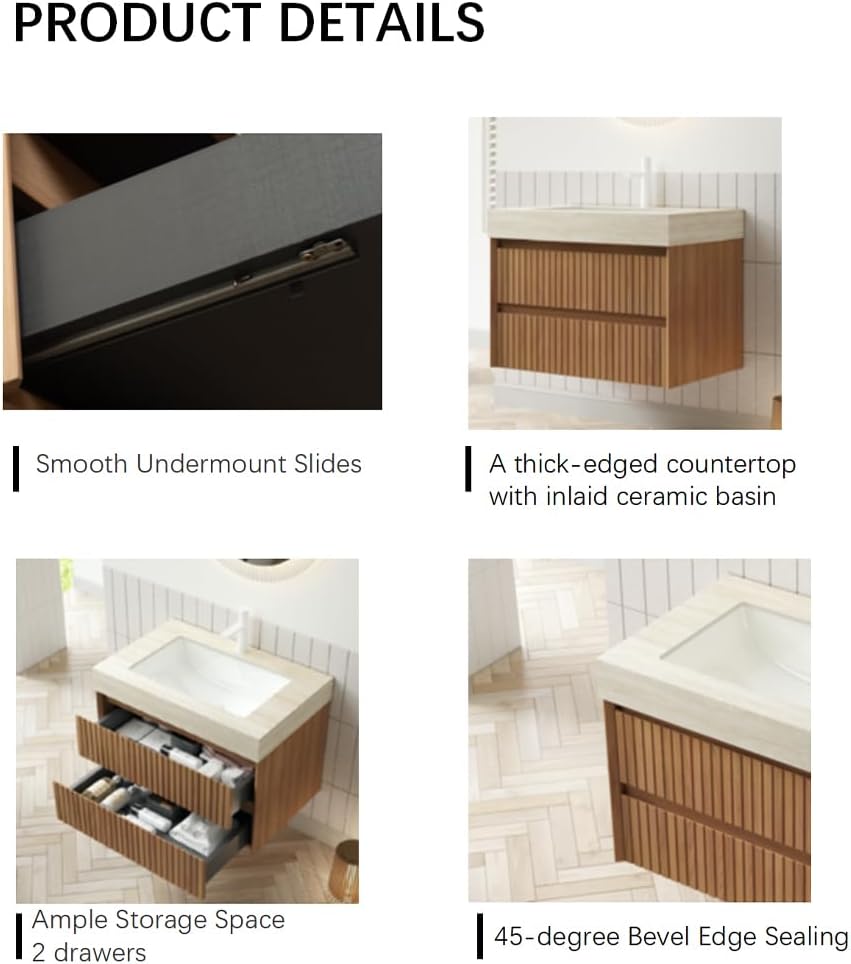 36' Bathroom Vanity with Sink, Modern Bathroom Floating Vanity with Travertine-Pattern Sintered Stone Top & Ceramic Undermount Basin, Pre-Assembled W/2 Drawers, Espresso