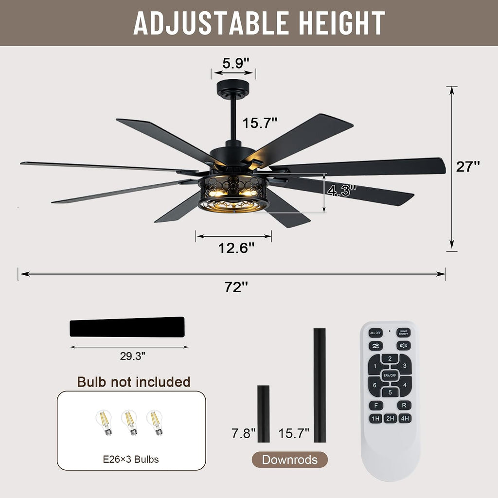 72 Inch Ceiling Fans with Lights, 6 Speed Reversible Quiet DC Motor 8 Dual Finish Wood Blades,Black Caged Rustic Large Industrial Ceiling Fans for Living Room Bedroom Patio,Indoor and Outdoor