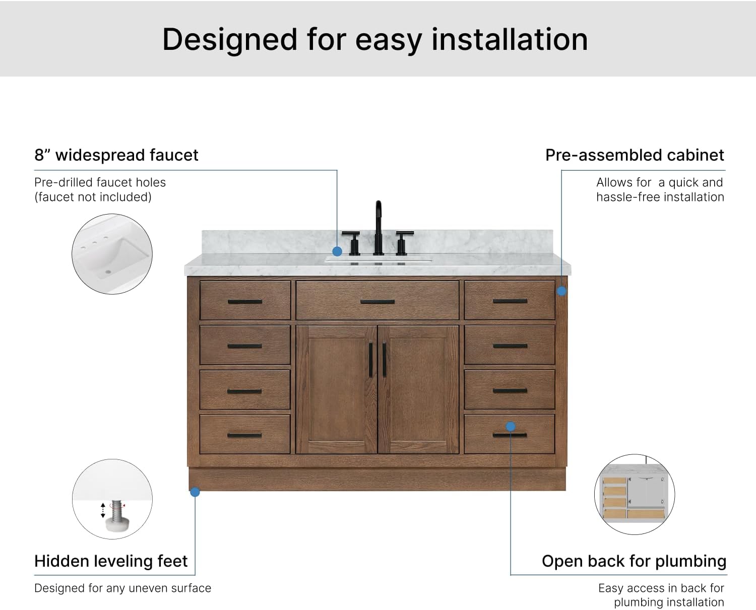 ARIEL Hepburn 60-inch Bathroom Vanity with Sink,Solid Wood, 1.5-inch Italian Carrara Marble Countertop, Single Rectangular Porcelain Sink, 2 Soft Closing Doors, 9 Dovetail Drawers, Brown Oak
