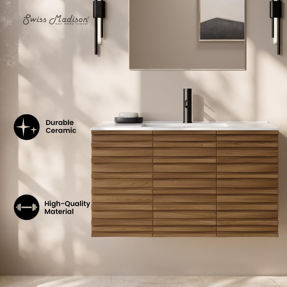 Swiss Madison Cascade 36' Wall-Mounted Bathroom Vanity in Brown Oak with Sink Top