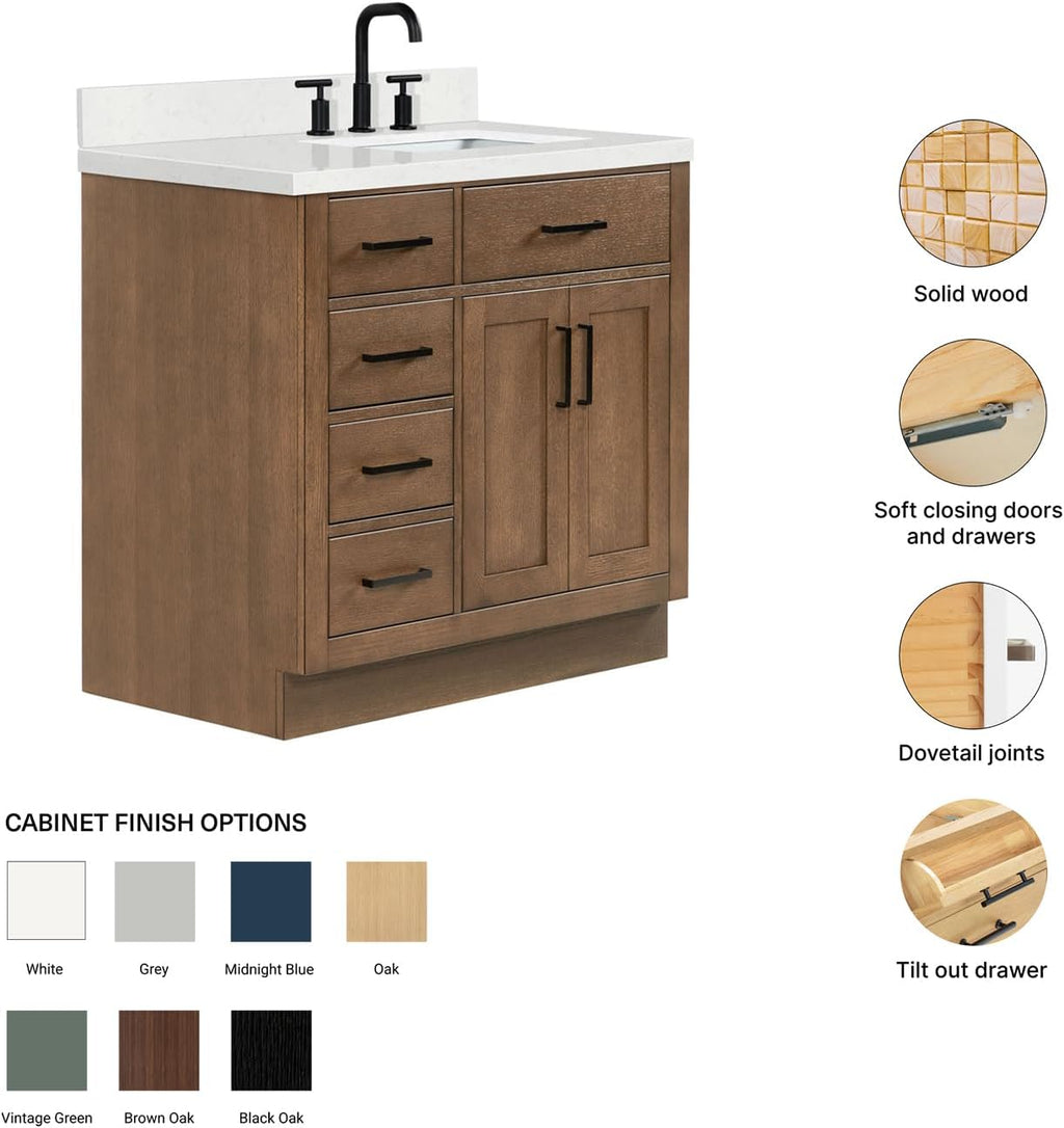 ARIEL Hepburn 36-inch Bathroom Vanity with Sink,Solid Wood, 1.5-inch Carrara White Quartz Countertop, Single Rectangular Porcelain Sink, 2 Soft Closing Doors, 5 Dovetail Drawers, Brown Oak