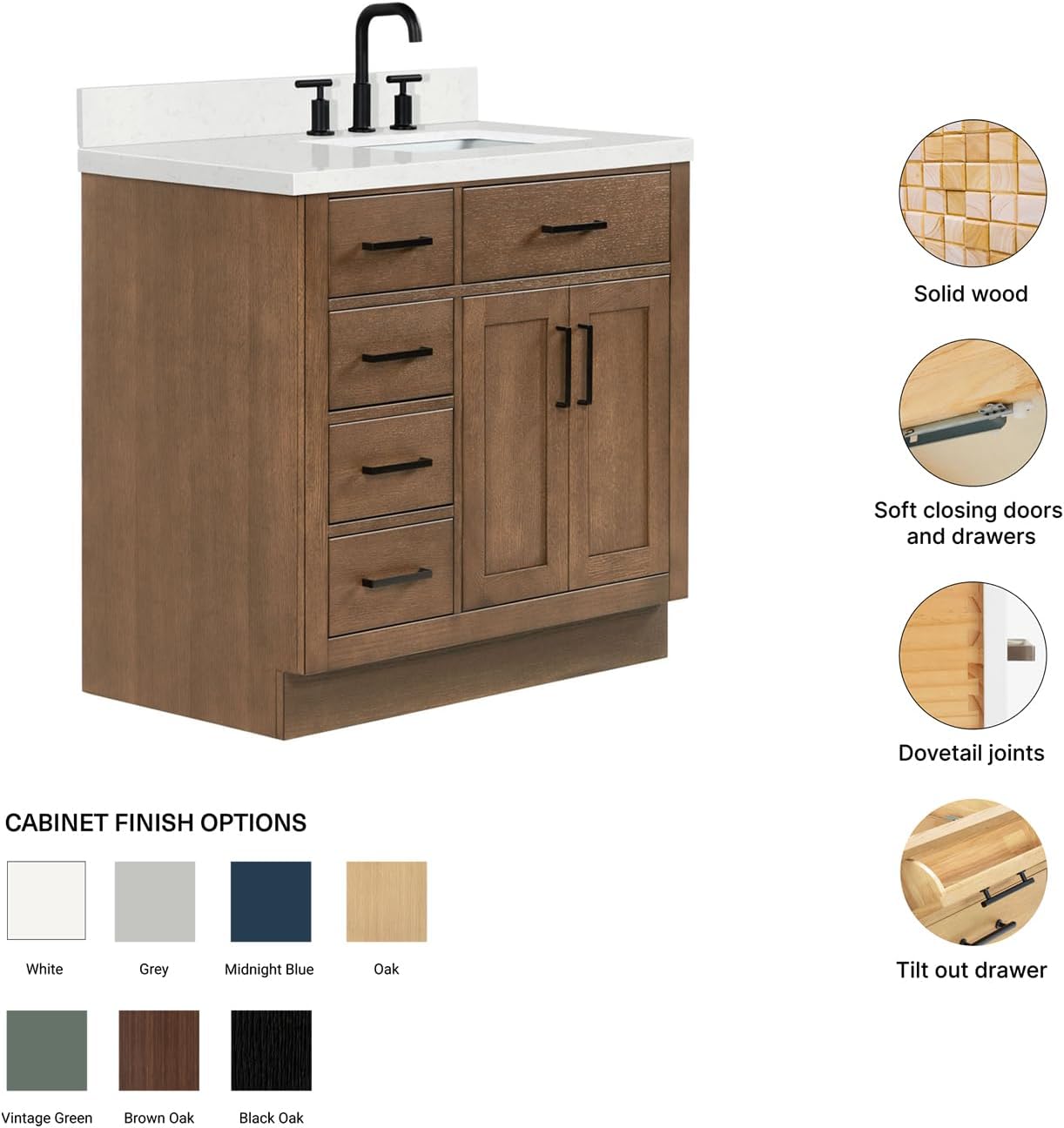 ARIEL Hepburn 36-inch Bathroom Vanity with Sink,Solid Wood, 1.5-inch Carrara White Quartz Countertop, Single Rectangular Porcelain Sink, 2 Soft Closing Doors, 5 Dovetail Drawers, Brown Oak