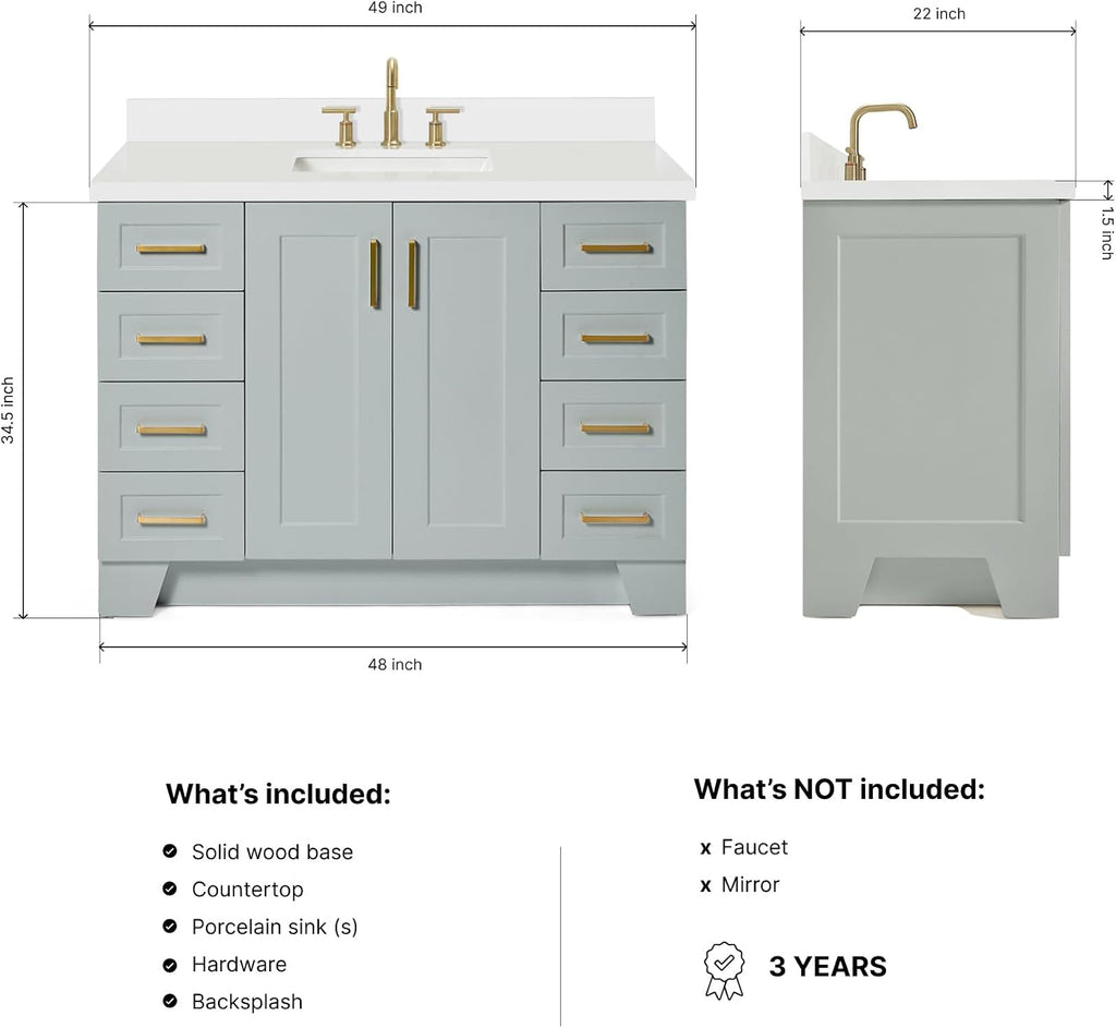 ARIEL Taylor 48-inch Bathroom Vanity with Sink,Solid Wood, 1.5-inch Pure White Quartz Countertop, Single Rectangular Porcelain Sink, 2 Soft Closing Doors, 9 Dovetail Drawers, Satin Brass, Grey
