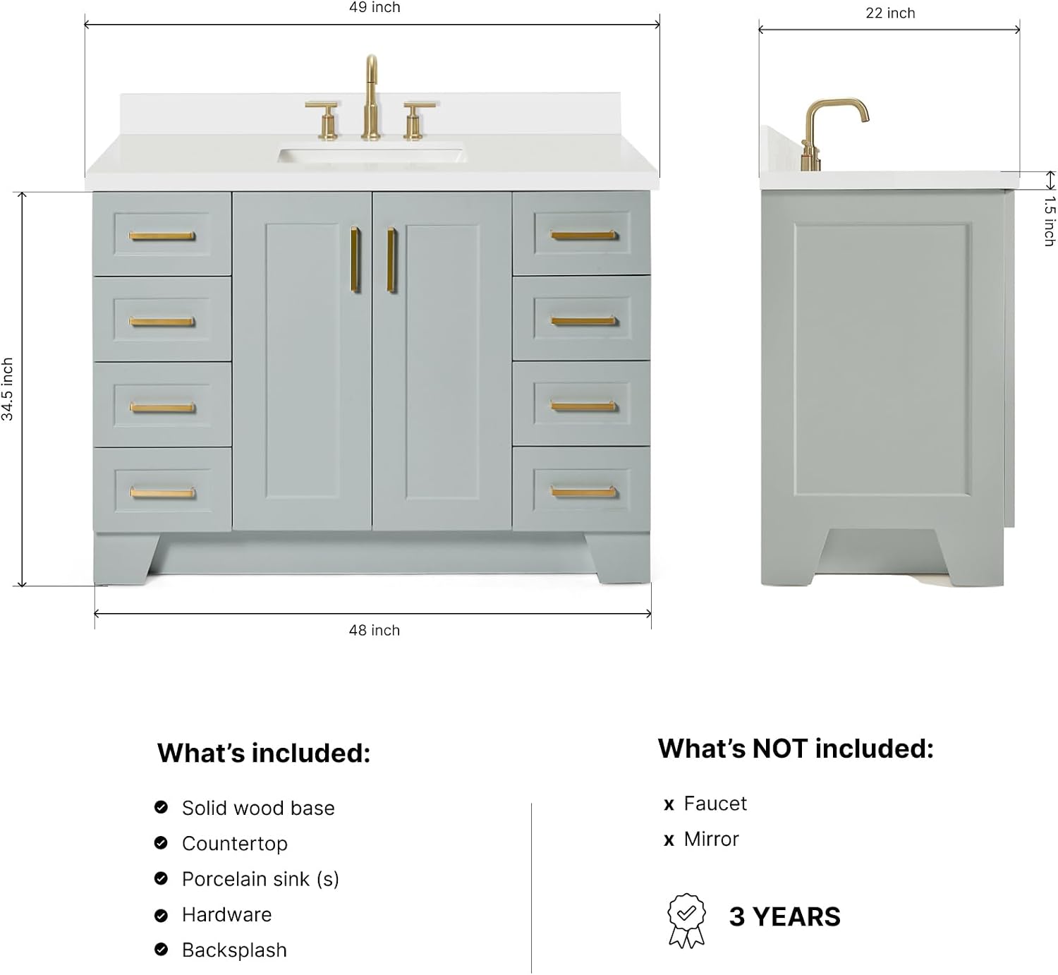ARIEL Taylor 48-inch Bathroom Vanity with Sink,Solid Wood, 1.5-inch Pure White Quartz Countertop, Single Rectangular Porcelain Sink, 2 Soft Closing Doors, 9 Dovetail Drawers, Satin Brass, Grey