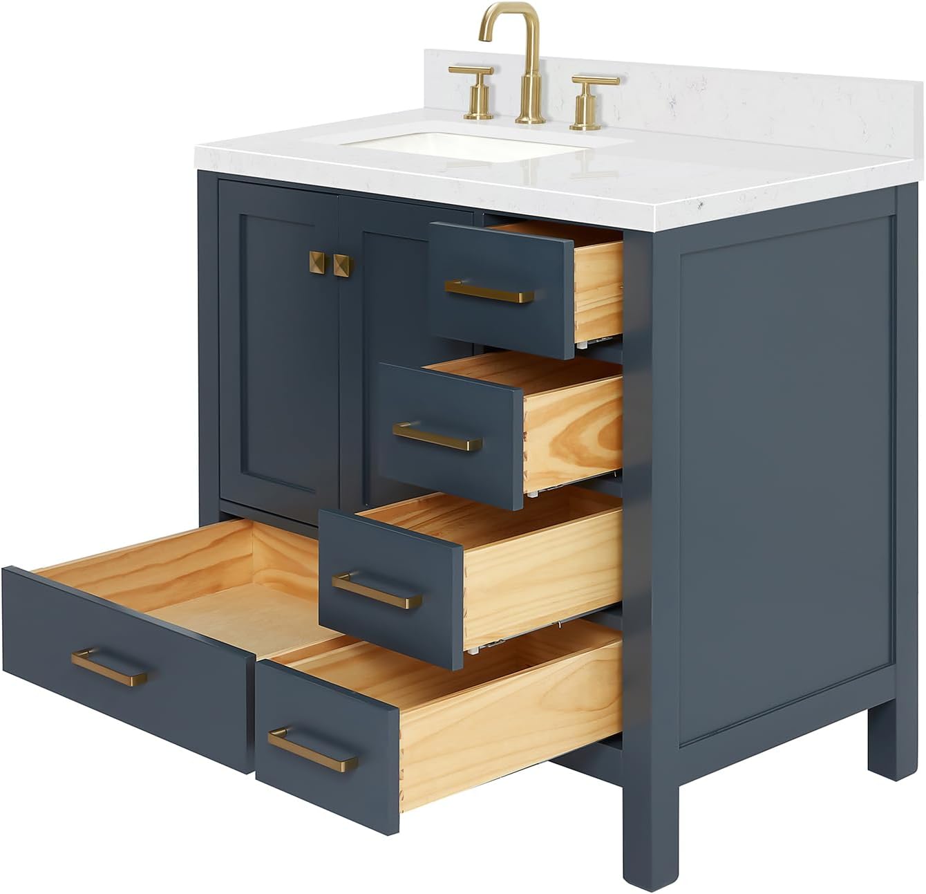 ARIEL Cambridge 36-inch Bathroom Vanity with Sink,Solid Wood, 1.5-inch Carrara White Quartz Countertop, Single Rectangular Porcelain Sink, 2 Soft Closing Doors, 5 Dovetail Drawers, Midnight Blue