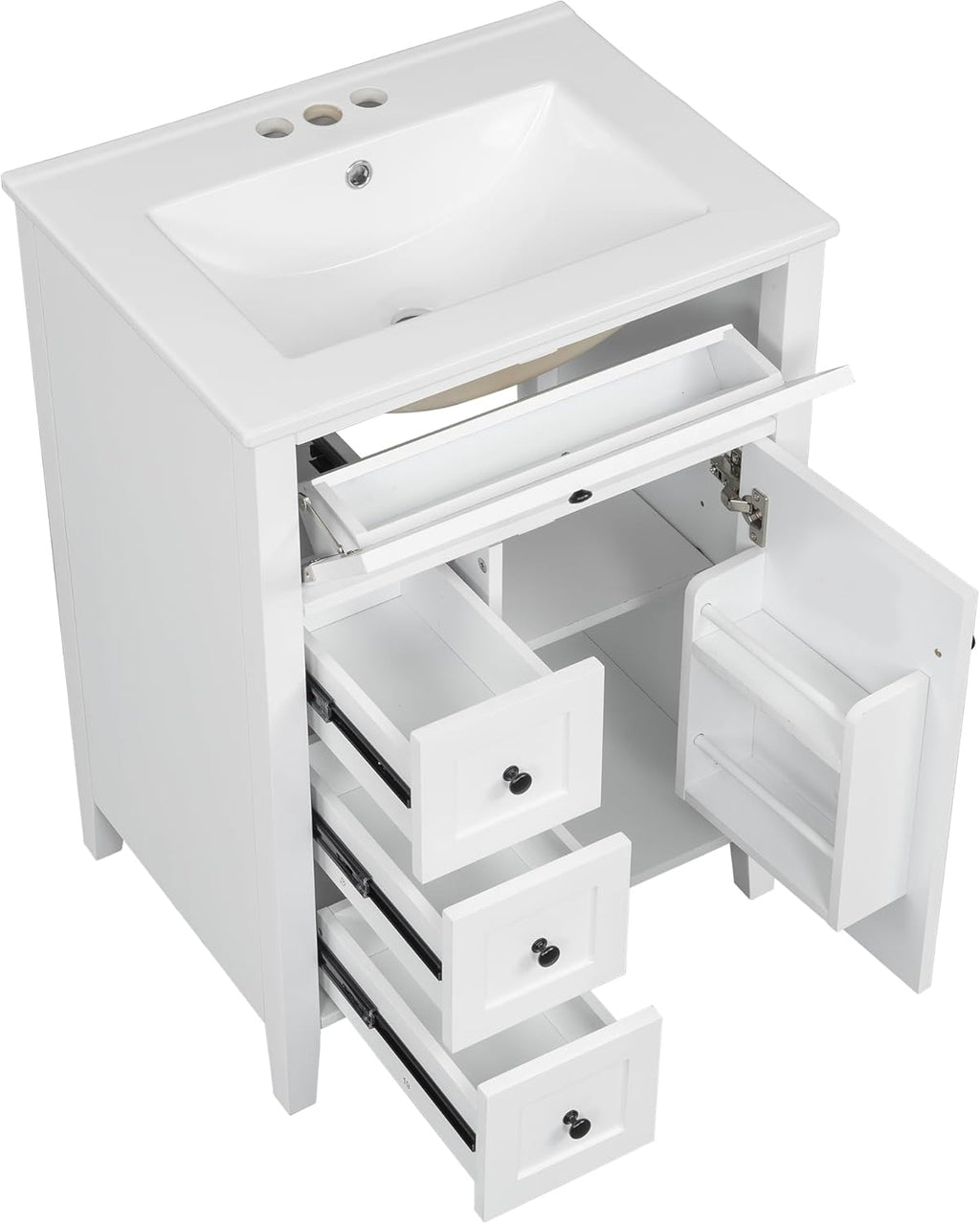 Harper & Bright Designs 24' Bathroom Vanity with Sink, Free Standing Vanity Set with 4 Drawers, Storage Racks, and Adjustable Shelf, Wood Bathroom Cabinet with Ceramic Basin for Bathroom, White