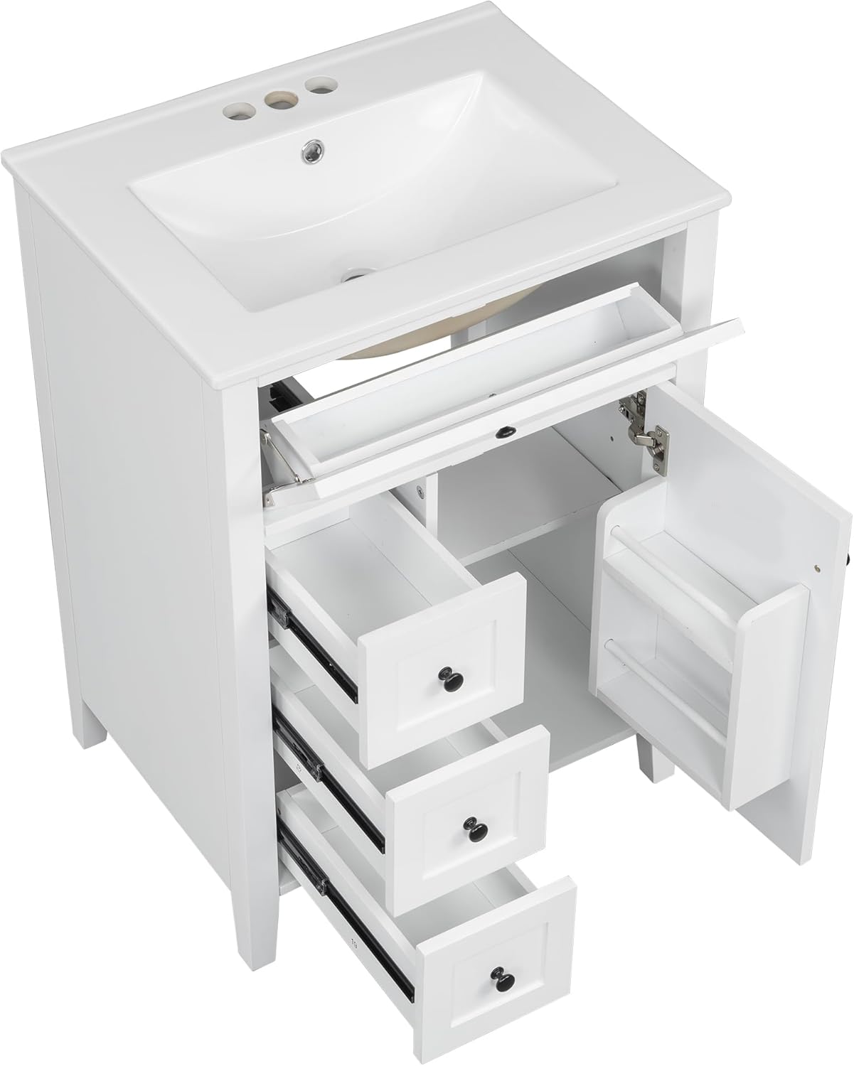 Harper & Bright Designs 24' Bathroom Vanity with Sink, Free Standing Vanity Set with 4 Drawers, Storage Racks, and Adjustable Shelf, Wood Bathroom Cabinet with Ceramic Basin for Bathroom, White