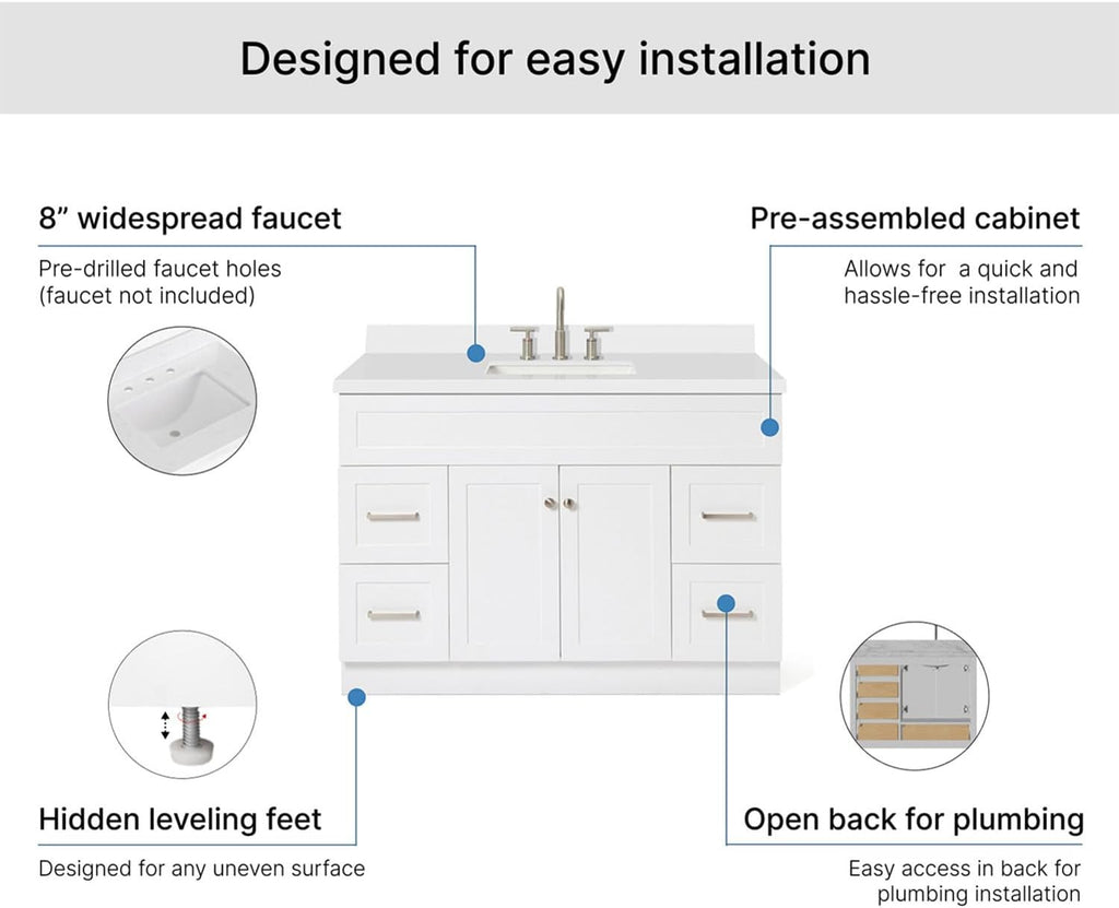ARIEL Hamlet 48-inch Bathroom Vanity with Sink,Solid Wood, 1.5-inch Pure White Quartz Countertop & Backsplash, Single Rectangular Porcelain Sink, 2 Soft Closing Doors, 4 Dovetail Drawers, White
