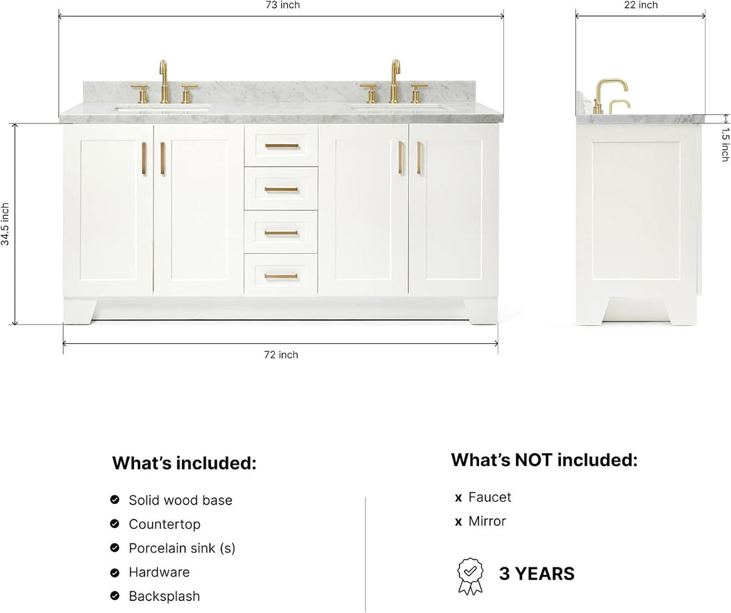 ARIEL Taylor 72-inch Bathroom Vanity with Sink,Solid Wood, 1.5-inch Italian Carrara Marble Countertop, Double Rectangular Porcelain Sink, 4 Soft Closing Doors, 6 Dovetail Drawers, White