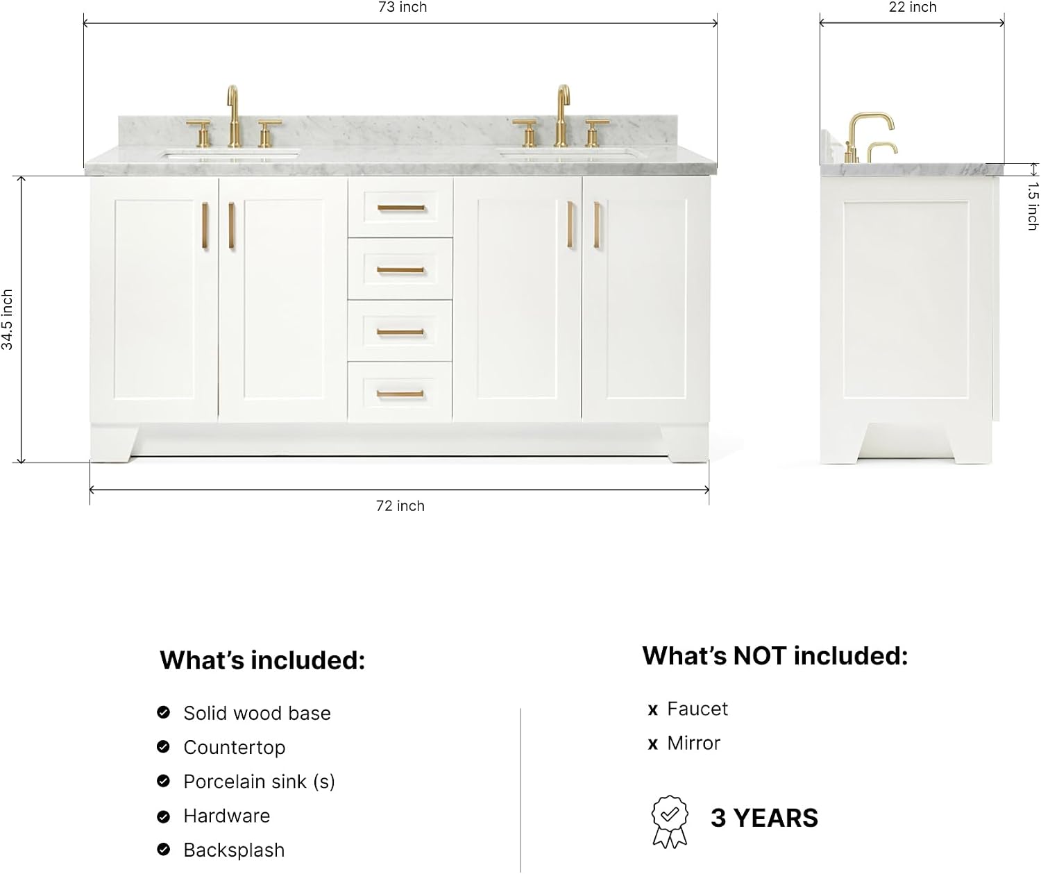 ARIEL Taylor 72-inch Bathroom Vanity with Sink,Solid Wood, 1.5-inch Italian Carrara Marble Countertop, Double Rectangular Porcelain Sink, 4 Soft Closing Doors, 6 Dovetail Drawers, White