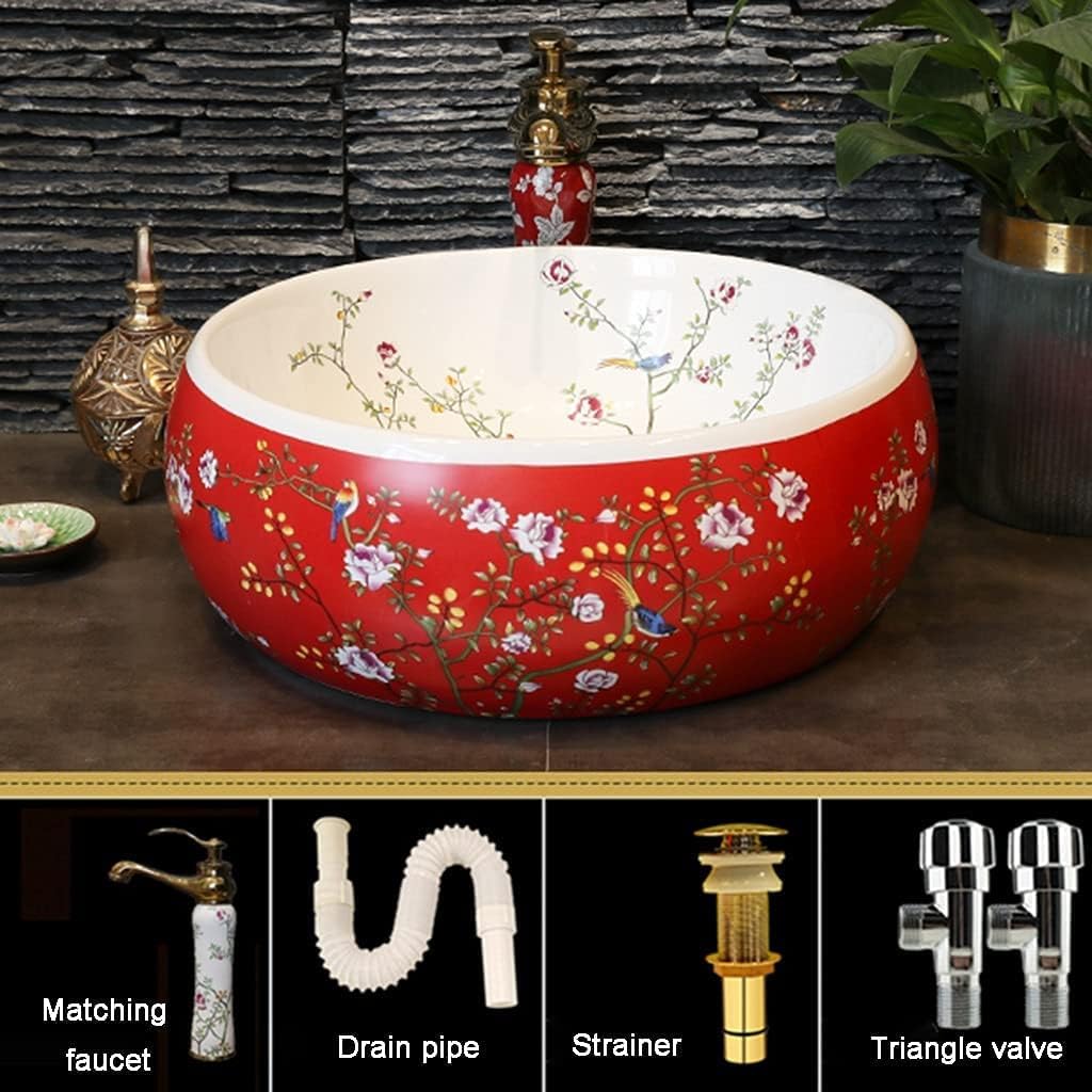 Bathroom Bar Vanity Vessel Sinks Above Counter Vanity Sink Tops Chinese Ceramic Lowes Bathroom Vanities Individual Flower and Bird Art Basin,42 * 15Cm,Redset,42 * 15cm