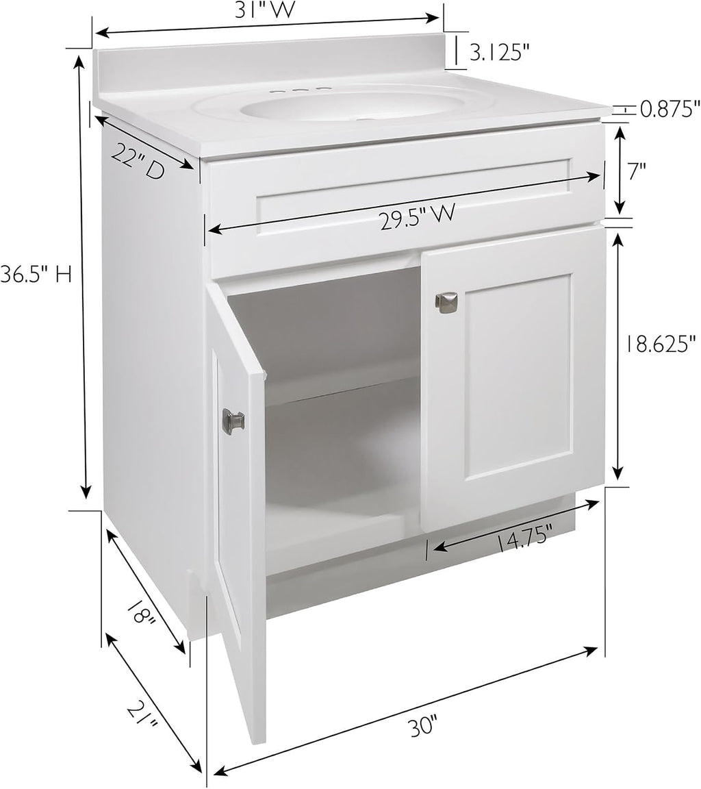 Design House Brookings 31 Inch Bathroom Vanity with Cultured Marble Vanity Top - Unassembled Bathroom Vanity with Sink, White