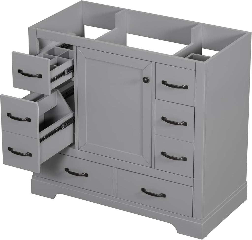 Favfurish 36' Bathroom Vanity Without Top Sink,6-Drawer Freestanding Cabinet Base with Multi-Functional Divider & Adjustable Shelf,Solid Wood MDF Vanity Only, Water Resistant,Grey
