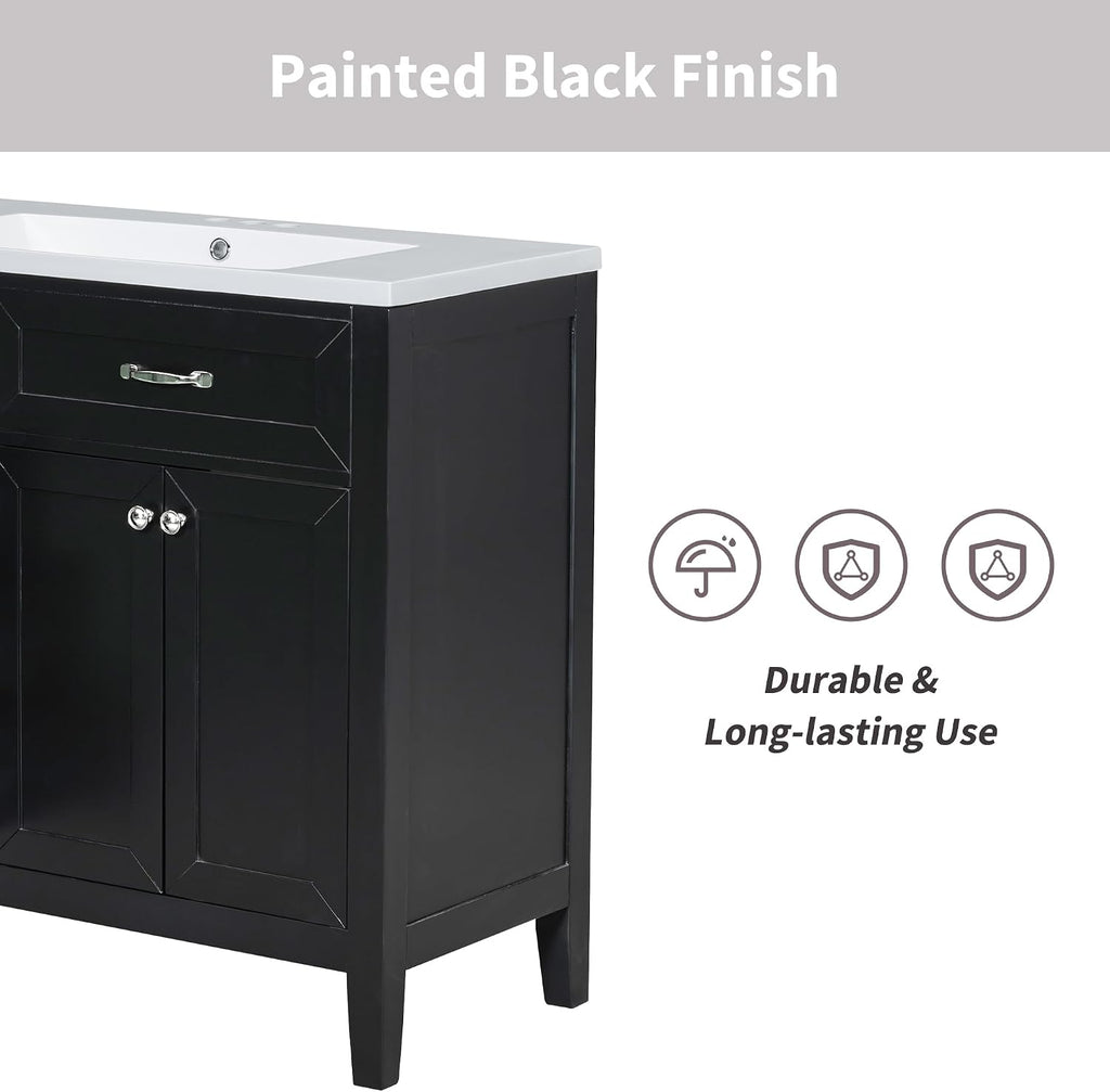 36' Bathroom Vanities Cabinet with Ceramic Sink Top, Two Doors and Three Drawers, Soft-Closing Door, Solid Wood Legs, Black