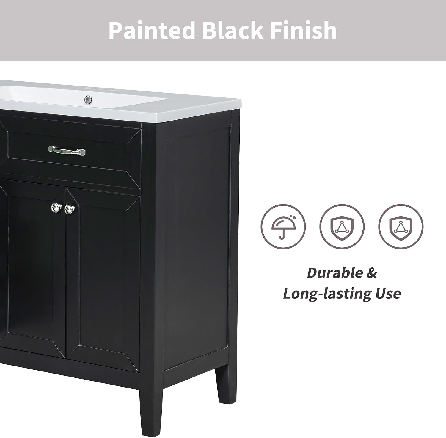 36' Bathroom Vanities Cabinet with Ceramic Sink Top, Two Doors and Three Drawers, Soft-Closing Door, Solid Wood Legs, Black