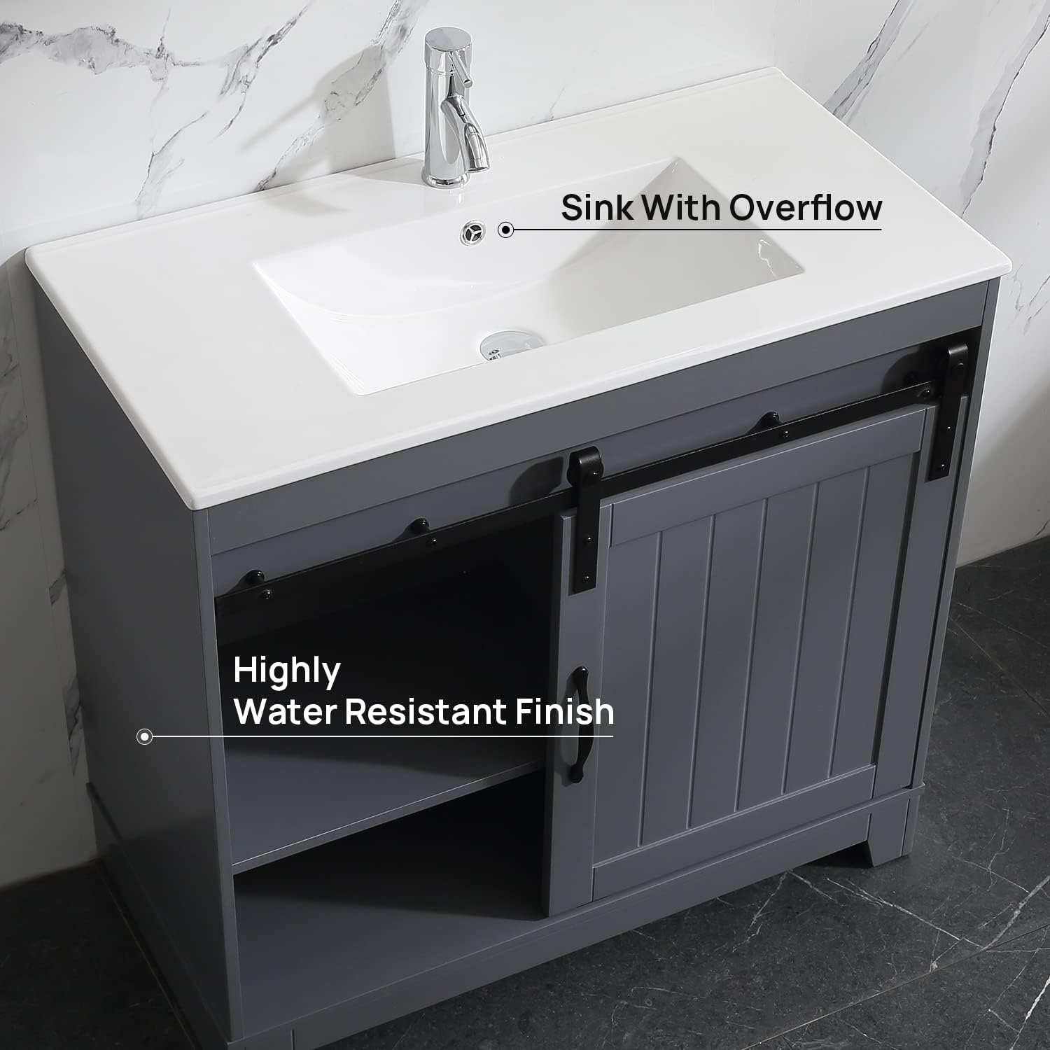 36 inch Bathroom Vanity with Sink Top Mirror Sliding Barn Door Dark Grey | Freestanding farmhouse bathroom vanity cabinet, ceramic single sink combo