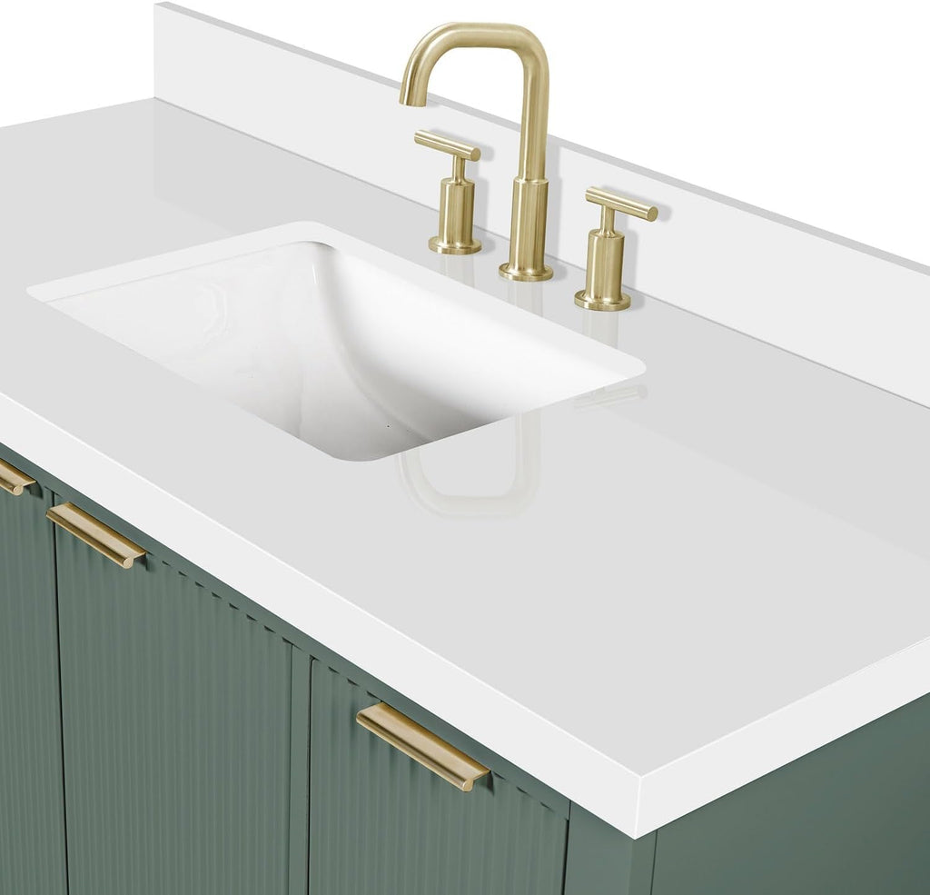 ARIEL Milan 48-inch Bathroom Vanity with Sink,Solid Wood, 1.5-inch Pure White Quartz Countertop, Single Rectangular Porcelain Sink, Soft Closing Doors, Dovetail Drawers, Vintage Green