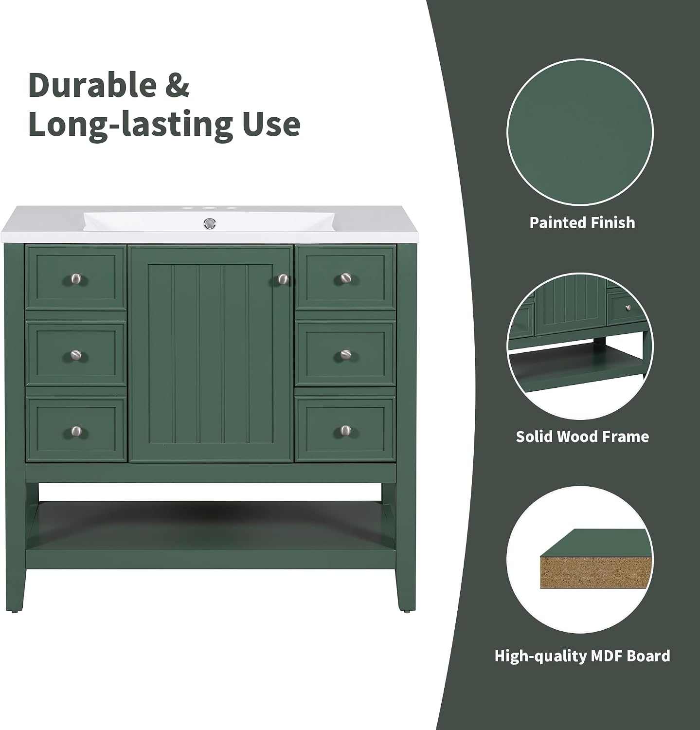 LUMISOL 36' Bathroom Vanity with Sink Combo, Bathroom Vanity Storage Cabinet with 3 Drawers & Open Shelf, Solid Wood Frame Bathroom Cabinet with Ceramic Sink, Green