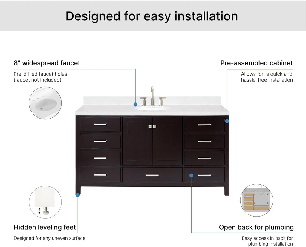 ARIEL Cambridge 66-inch Bathroom Vanity with Sink,Solid Wood, 1.5-inch Carrara White Quartz Countertop & Backsplash, Single Oval Porcelain Sink, 2 Soft Closing Doors, 9 Dovetail Drawers, Espresso