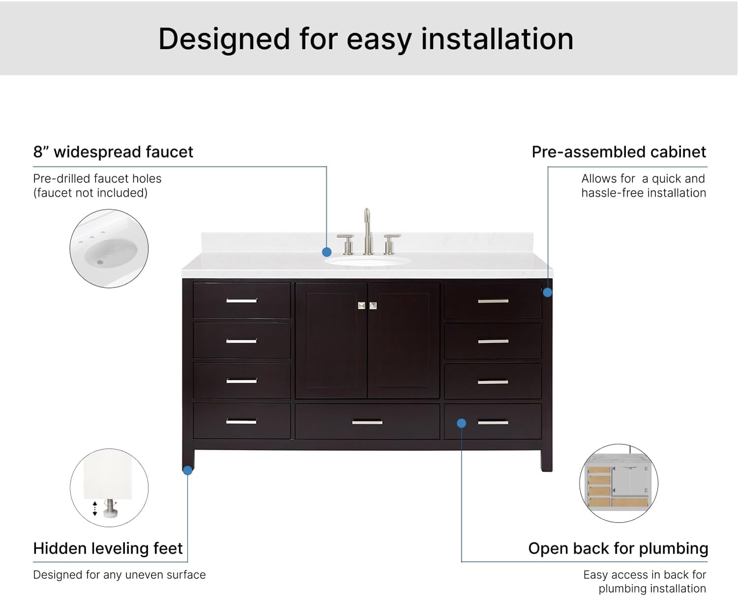 ARIEL Cambridge 66-inch Bathroom Vanity with Sink,Solid Wood, 1.5-inch Carrara White Quartz Countertop & Backsplash, Single Oval Porcelain Sink, 2 Soft Closing Doors, 9 Dovetail Drawers, Espresso