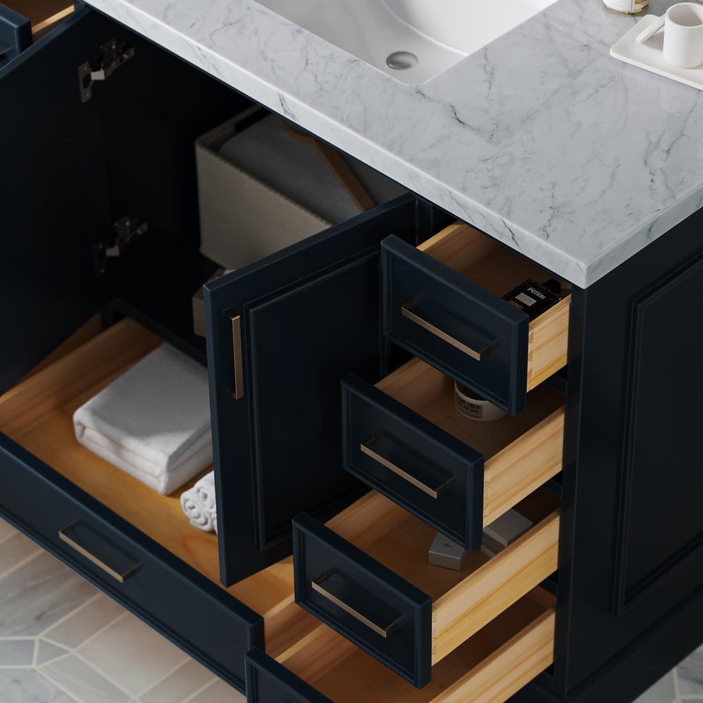 ARIEL Stafford 48-inch Bathroom Vanity with Sink,Solid Wood, 1.5-inch Italian Carrara Marble Countertop, Single Rectangular Porcelain Sink, 2 Soft Closing Doors, 9 Dovetail Drawers, Midnight Blue