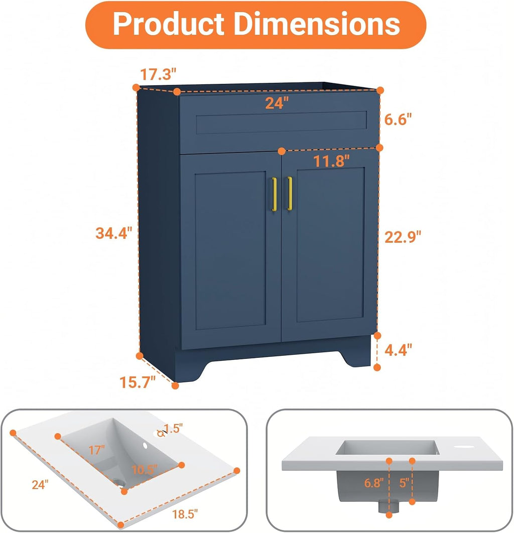 24 Inch Bathroom Vanity with Ceramic Basin and Countertop, Modern Bathroom Vanity with Sink, Narrow Design for Small Bathroom (Blue Shaker)