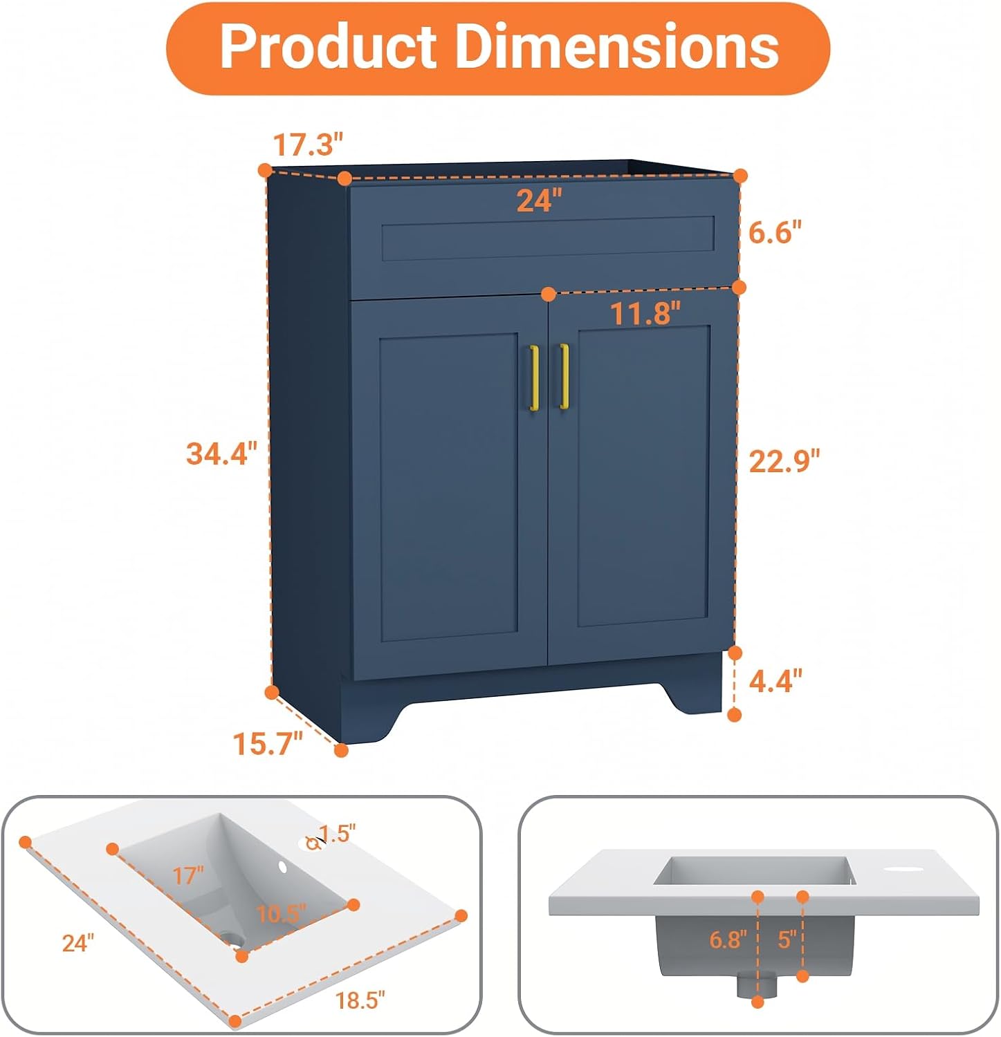 24 Inch Bathroom Vanity with Ceramic Basin and Countertop, Modern Bathroom Vanity with Sink, Narrow Design for Small Bathroom (Blue Shaker)