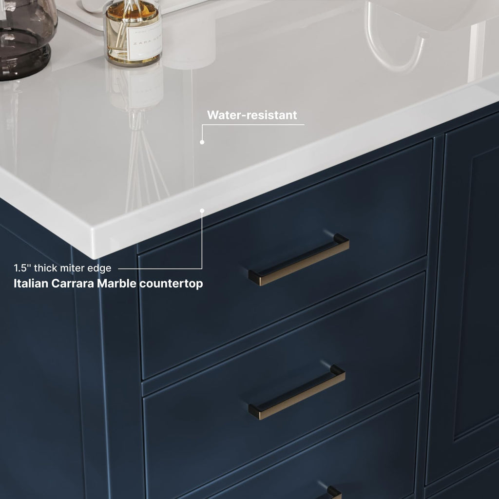 ARIEL Cambridge 66-inch Bathroom Vanity with Sink,Solid Wood, 1.5-inch Pure White Quartz Countertop, Single Rectangular Porcelain Sink, 2 Soft Closing Doors, 9 Dovetail Drawers, Midnight Blue