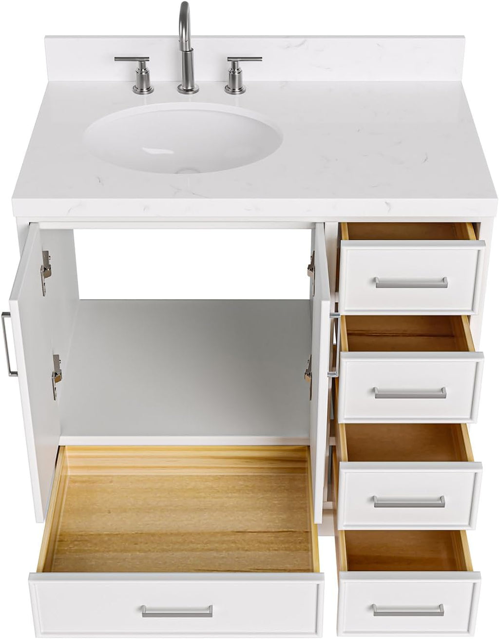 ARIEL Stafford 36-inch Bathroom Vanity with Sink,Solid Wood, 1.5-inch Carrara White Quartz Countertop & Backsplash, Single Oval Porcelain Sink, 2 Soft Closing Doors, 5 Dovetail Drawers, White