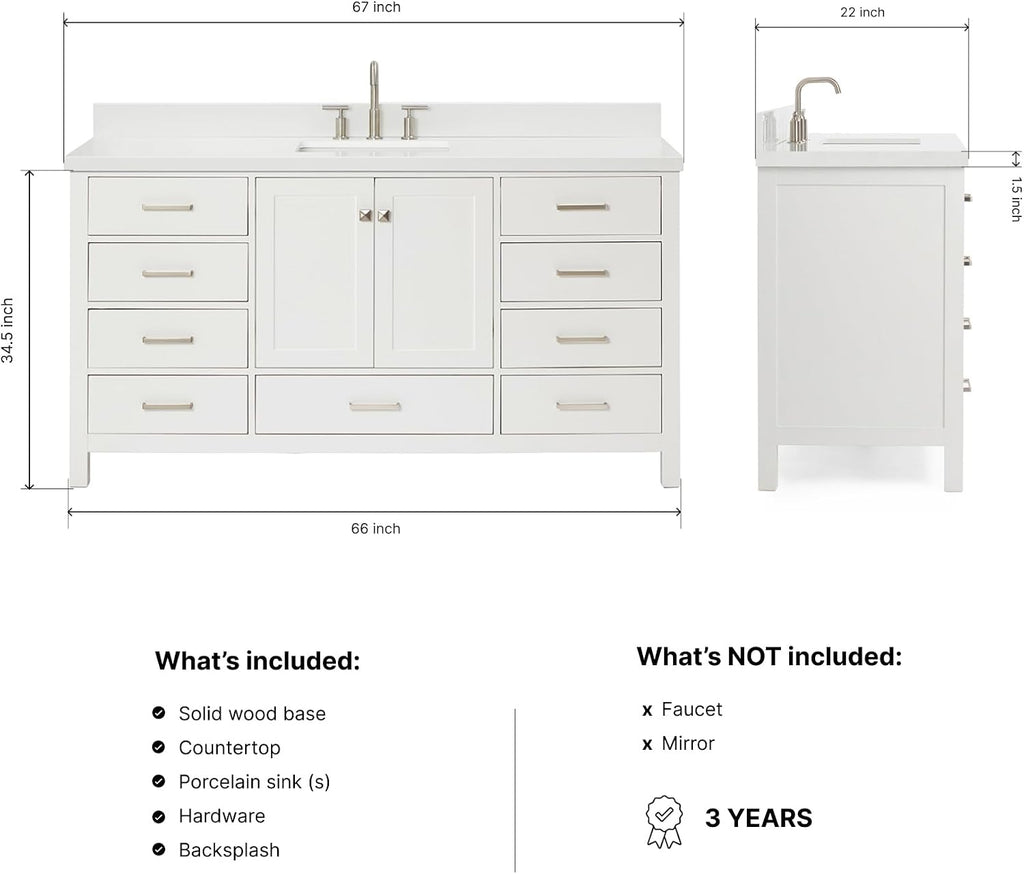ARIEL Cambridge 66-inch Bathroom Vanity with Sink,Solid Wood, 1.5-inch Pure White Quartz Countertop & Backsplash, Single Rectangular Porcelain Sink, 2 Soft Closing Doors, 9 Dovetail Drawers, White