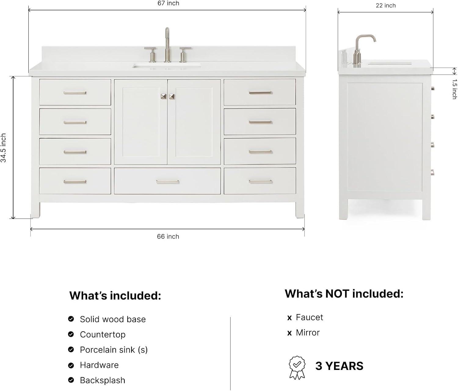 ARIEL Cambridge 66-inch Bathroom Vanity with Sink,Solid Wood, 1.5-inch Pure White Quartz Countertop & Backsplash, Single Rectangular Porcelain Sink, 2 Soft Closing Doors, 9 Dovetail Drawers, White