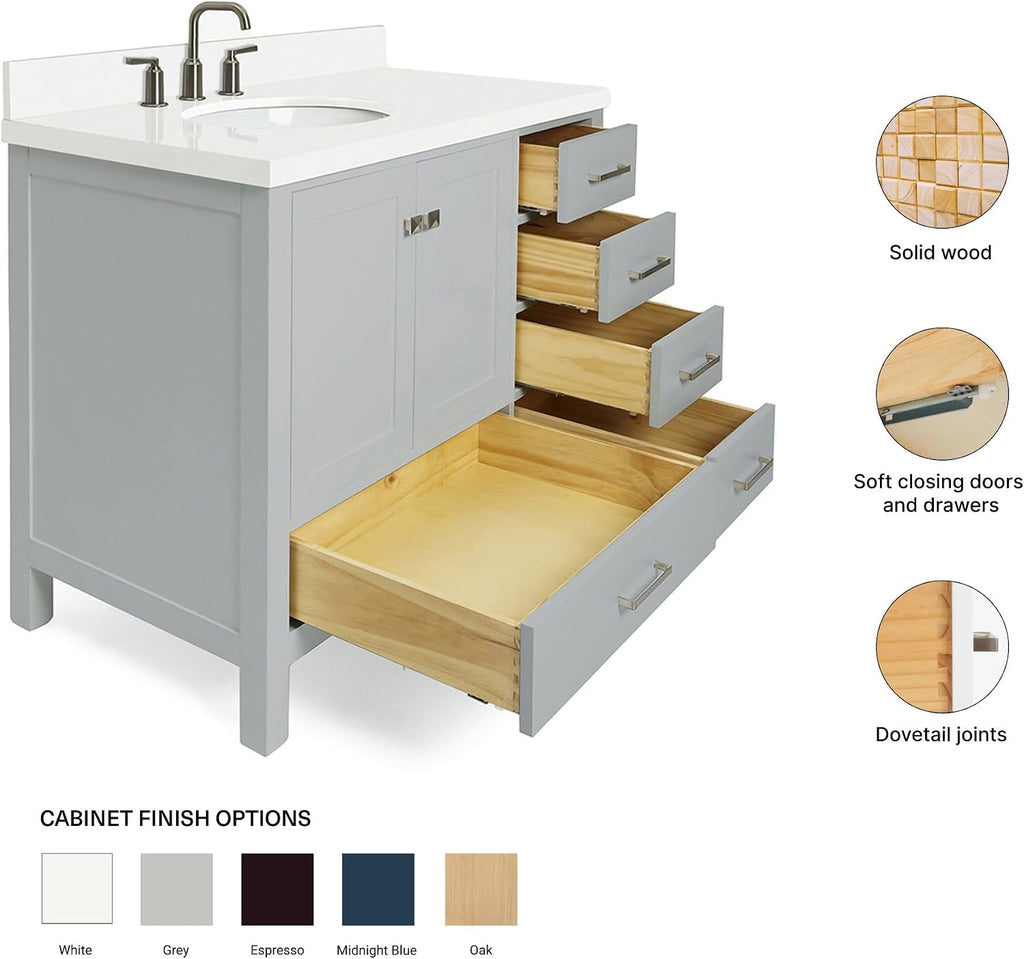 ARIEL Cambridge 42-inch Bathroom Vanity with Sink,Solid Wood, 1.5-inch Pure White Quartz Countertop & Backsplash, Single Oval Porcelain Sink, 2 Soft Closing Doors, 5 Dovetail Drawers, Grey