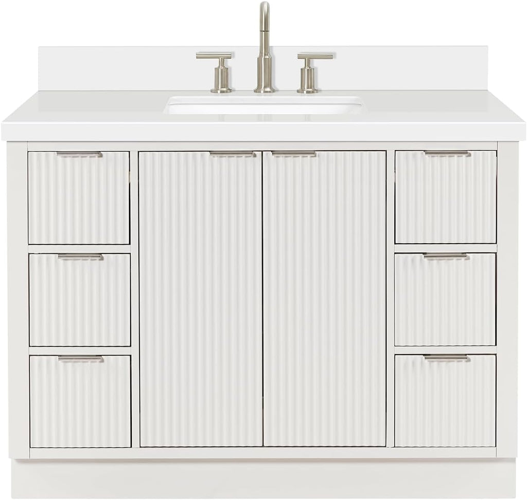 ARIEL Milan 48-inch Bathroom Vanity with Sink,Solid Wood, 1.5-inch Pure White Quartz Countertop & Backsplash, Single Rectangular Porcelain Sink, 2 Soft Closing Doors, 6 Dovetail Drawers, Warm White