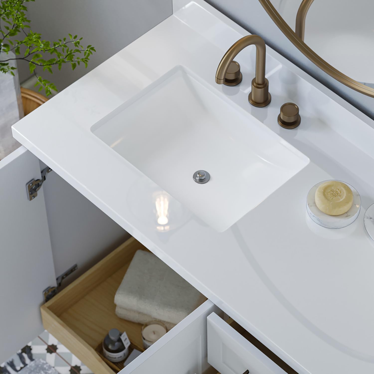 ARIEL Taylor 42-inch Bathroom Vanity with Sink,Solid Wood, 1.5-inch Pure White Quartz Countertop & Backsplash, Single Rectangular Porcelain Sink, 2 Soft Closing Doors, 5 Dovetail Drawers, White