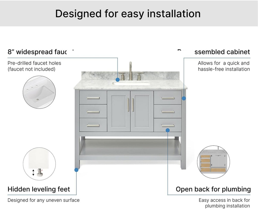 ARIEL Magnolia 48-inch Bathroom Vanity with Sink,Solid Wood, 0.75-inch Italian Carrara Marble Countertop, Single Rectangular Porcelain Sink, 2 Soft Closing Doors, 6 Dovetail Drawers, Grey