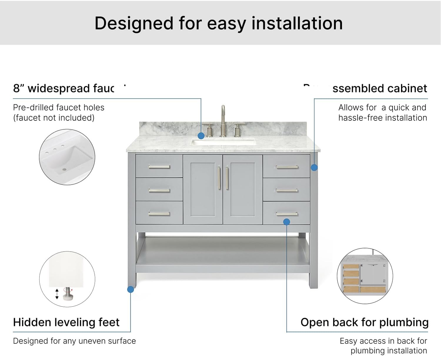 ARIEL Magnolia 48-inch Bathroom Vanity with Sink,Solid Wood, 0.75-inch Italian Carrara Marble Countertop, Single Rectangular Porcelain Sink, 2 Soft Closing Doors, 6 Dovetail Drawers, Grey