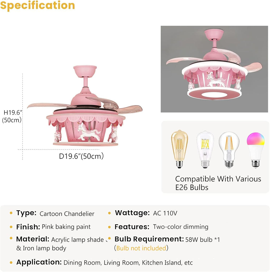 Cartoon Pink Ceiling Fan with Lights Kids LED Ceiling Lamp Creative Carousel with Invisible Blades Close to Ceiling Lighting for Living Room Bedroom