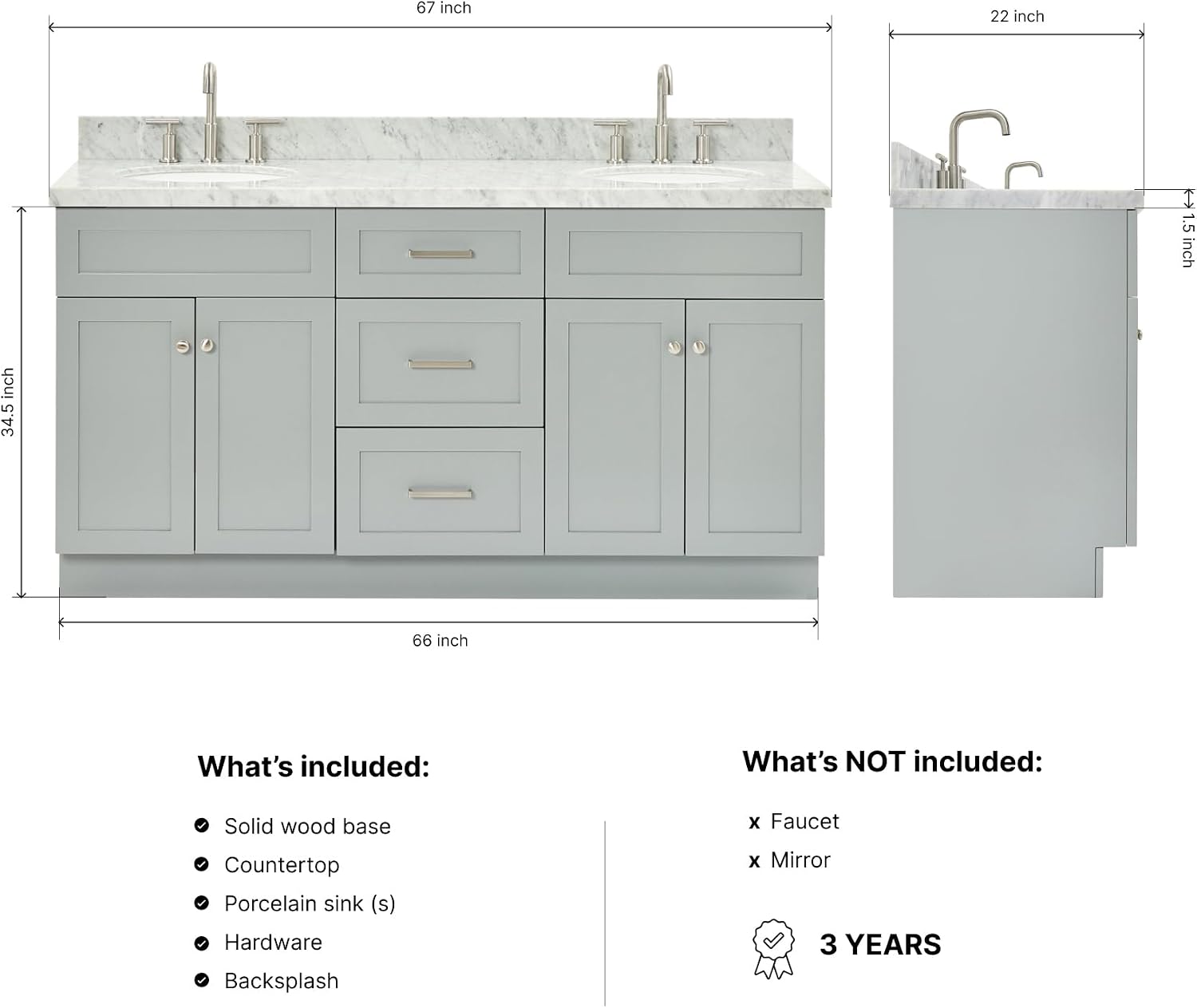 DKB Bradford 66' Grey Double Bathroom Vanity, 1.5' Edge Italian Carrara Marble Countertop, Double Oval Undermount Sinks, 2 Soft Closing Doors, 3 Dovetail Drawers, Brushed Nickel
