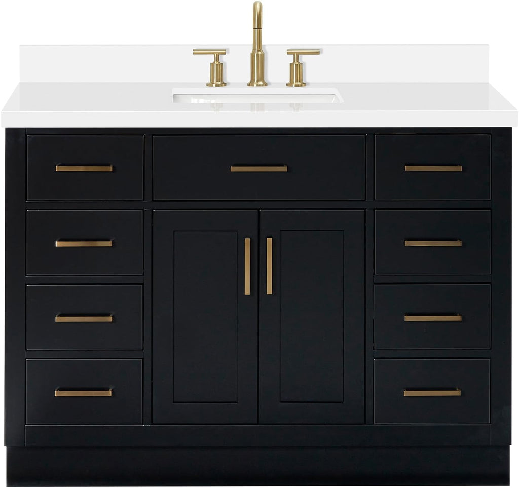 ARIEL Hepburn 48-inch Bathroom Vanity with Sink,Solid Wood, 1.5-inch Pure White Quartz Countertop & Backsplash, Single Rectangular Porcelain Sink, 2 Soft Closing Doors, 9 Dovetail Drawers, Black