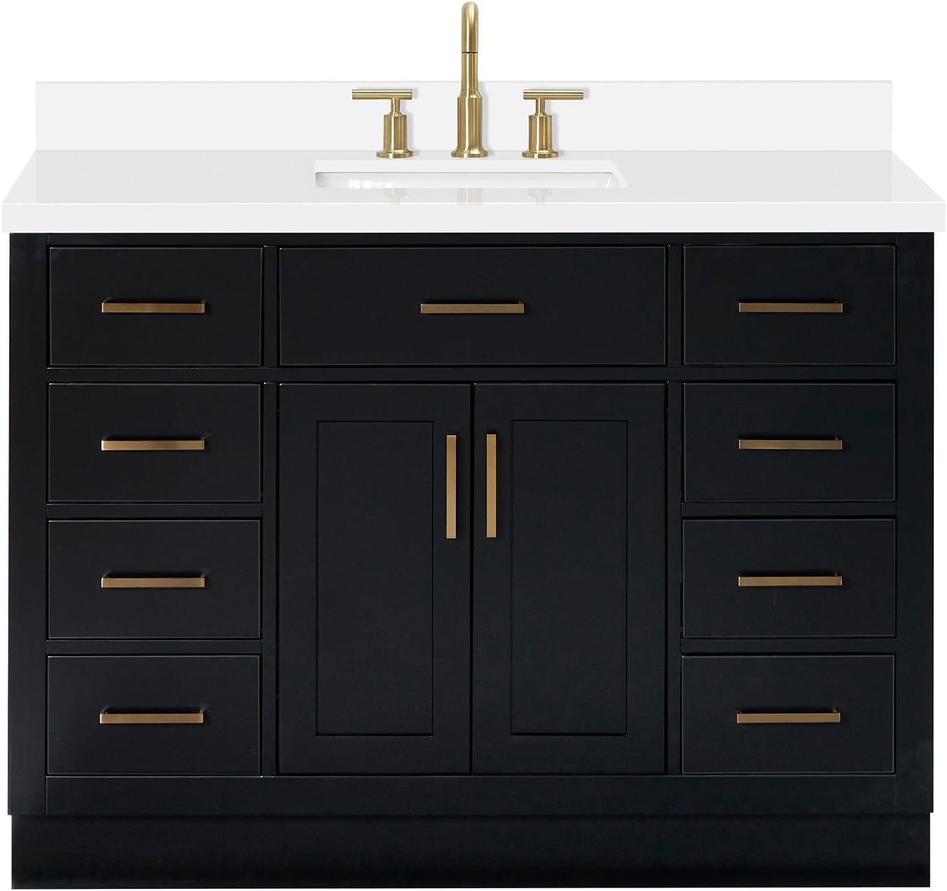 ARIEL Hepburn 48-inch Bathroom Vanity with Sink,Solid Wood, 1.5-inch Pure White Quartz Countertop & Backsplash, Single Rectangular Porcelain Sink, 2 Soft Closing Doors, 9 Dovetail Drawers, Black