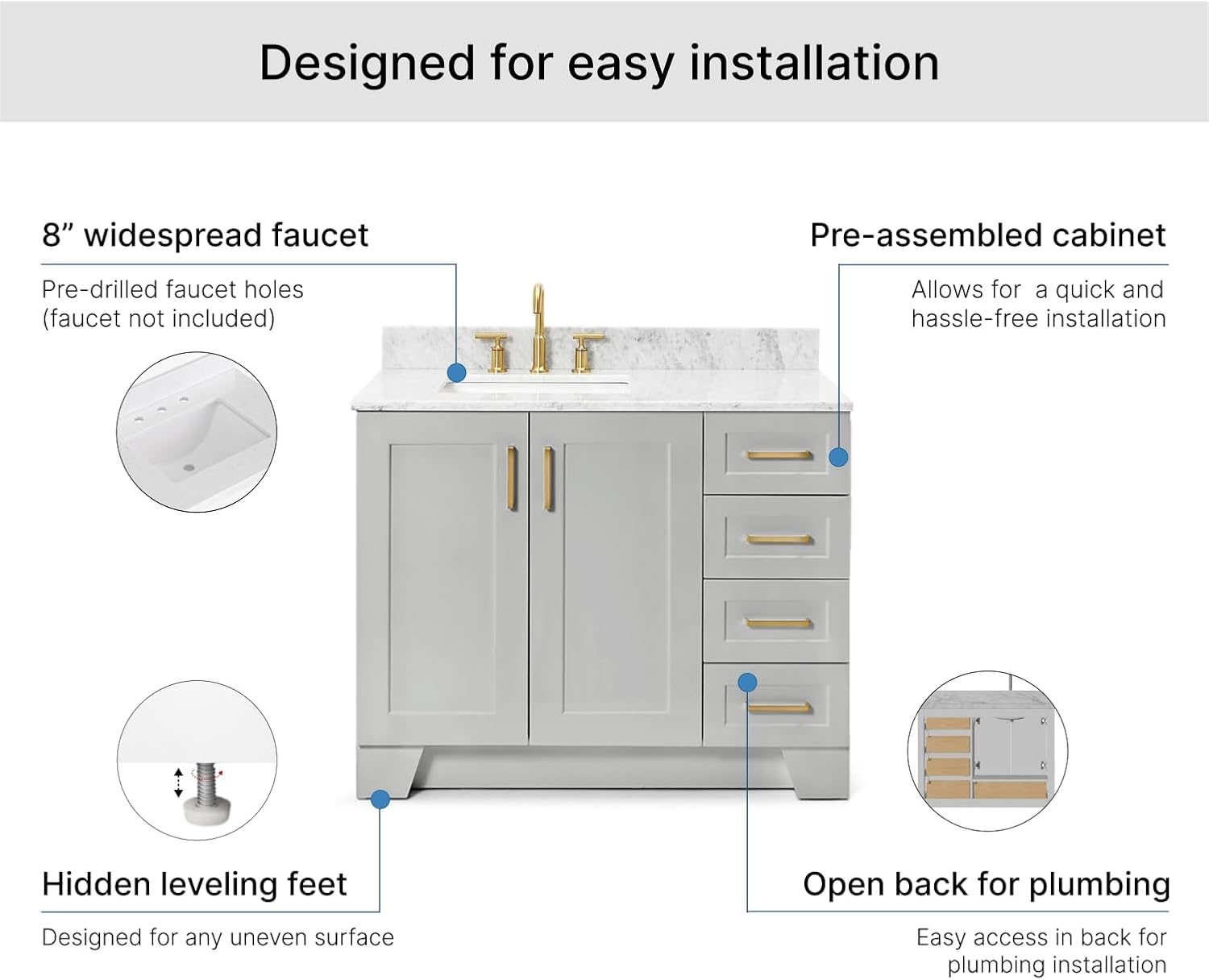 ARIEL Taylor 42-inch Bathroom Vanity with Sink,Solid Wood, 0.75-inch Italian Carrara Marble Countertop, Single Rectangular Porcelain Sink, 2 Soft Closing Doors, 5 Dovetail Drawers, Grey