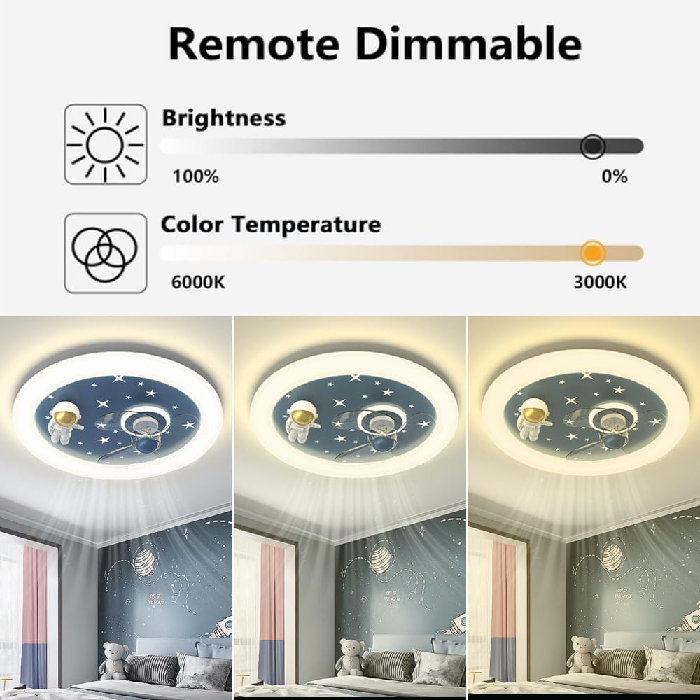 Cartoon Astronaut Kid's Room Ceiling Fans with Lights Children's Room Led Ceiling Lamp Creative Nursery Bedroom Ceiling Fan Lamp Dimmable for Boys Girls Room Ventilator Lamp 46W