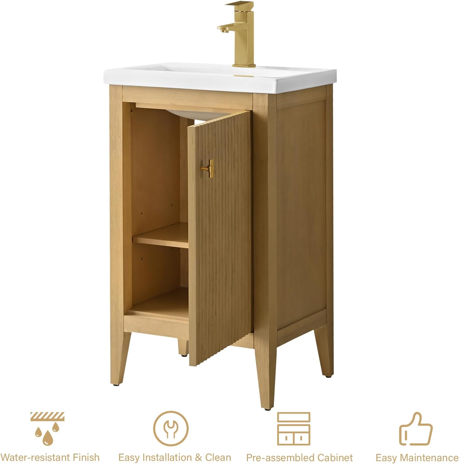 HOMEBEYOND 20' Bathroom Vanity with Ceramic Sink, Solid Wood Free-Standing Vanities Cabinet, Ceramic Top, Golden Brushed Hardware & Soft Closing Door, Natural Oak