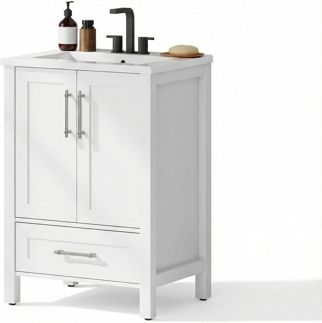 Takywep 24 Inch Bathroom Vanity with Sink, Freestanding Bathroom Sink Cabinet with Soft-Closing Doors & Large Drawer, Modern Wood Storage Bathroom Vanity, Easy Assembly, White (No Faucet)