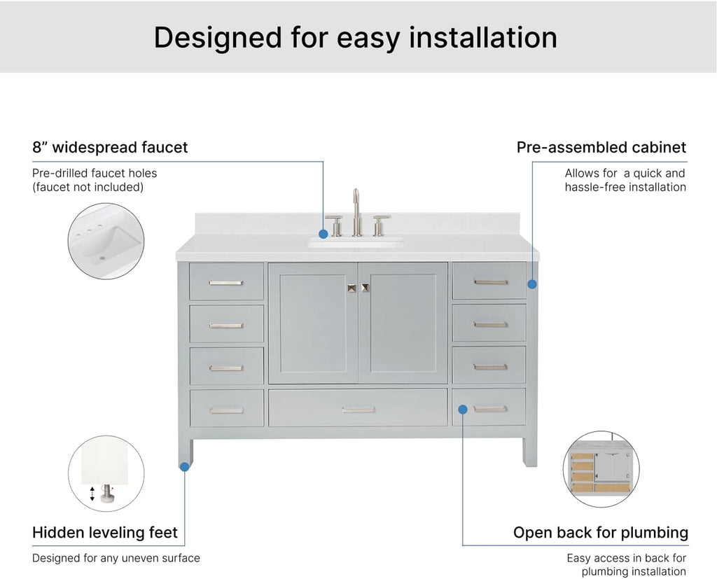 ARIEL Cambridge 60-inch Bathroom Vanity with Sink,Solid Wood, 1.5-inch Carrara White Quartz Countertop, Single Rectangular Porcelain Sink, 2 Soft Closing Doors, 9 Dovetail Drawers, Grey