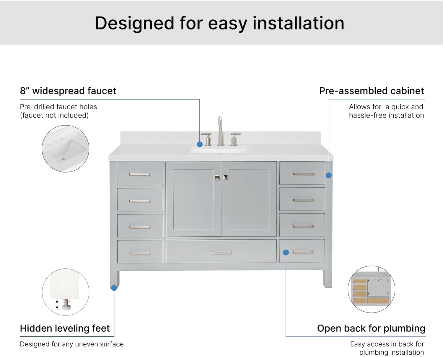 ARIEL Cambridge 60-inch Bathroom Vanity with Sink,Solid Wood, 1.5-inch Carrara White Quartz Countertop, Single Rectangular Porcelain Sink, 2 Soft Closing Doors, 9 Dovetail Drawers, Grey