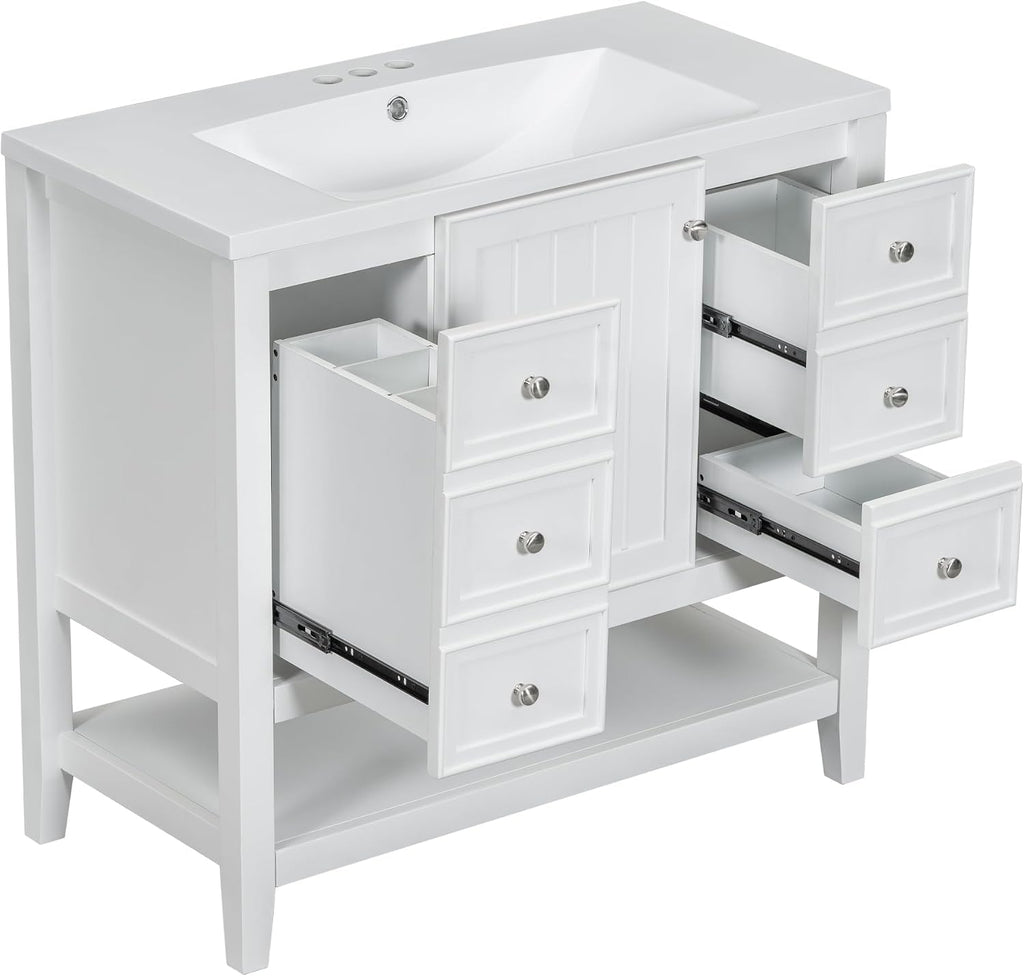Harper & Bright Designs 36' Bathroom Vanity with Sink, Free Standing Single Basin Vanity Set with One Cabinet and Three Drawers, Wooden Bathroom Cabinet with Ceramic Sink for Bathroom, White