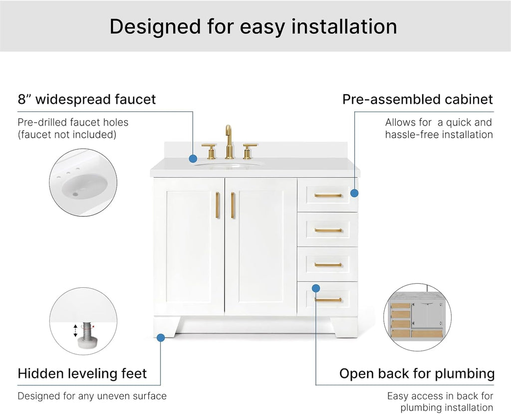 ARIEL Taylor 42-inch Bathroom Vanity with Sink,Solid Wood, 1.5-inch Pure White Quartz Countertop & Backsplash, Single Oval Porcelain Sink, 2 Soft Closing Doors, 5 Dovetail Drawers, White